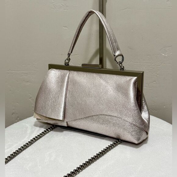 Metallic Pink Leather Handmade Asymmetrical Ruffles, Push Lock Clutch/Crossbody - Picture 3 of 14